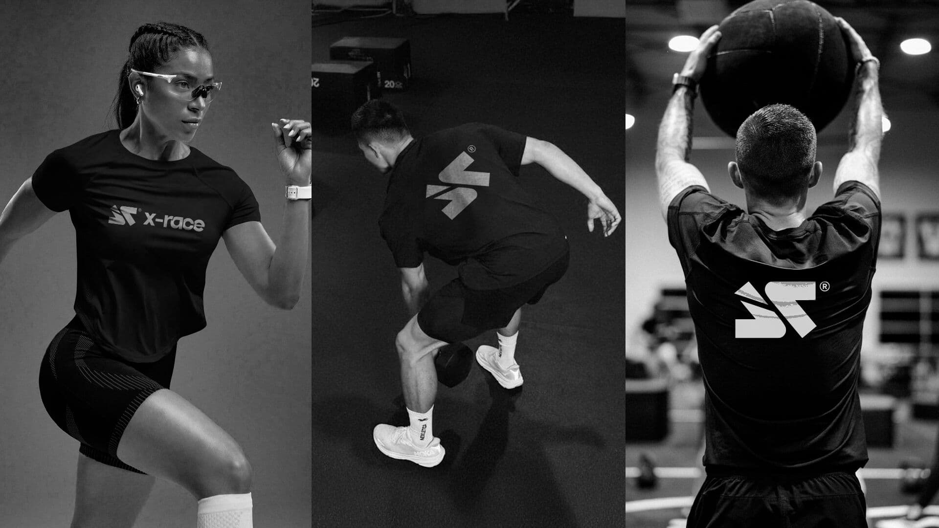 Tres atletas con indumentaria X-RACE: golpeando, saltando y levantando una pelota medicinal